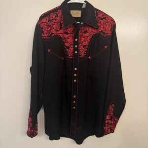 Scully Gunfighter Western Snap Front Shirt Men's L Black/ Red Floral Embroidery